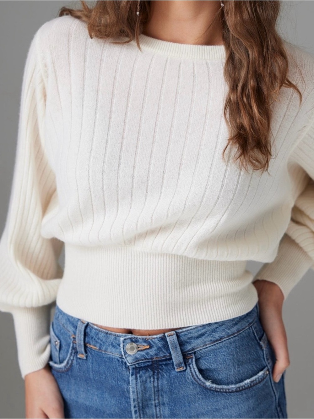 NWT Colorush Lux Balloon Cream Ribbed Knit Women's Sweater - Classic Crewneck